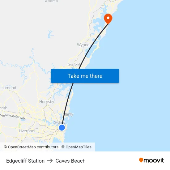 Edgecliff Station to Caves Beach map