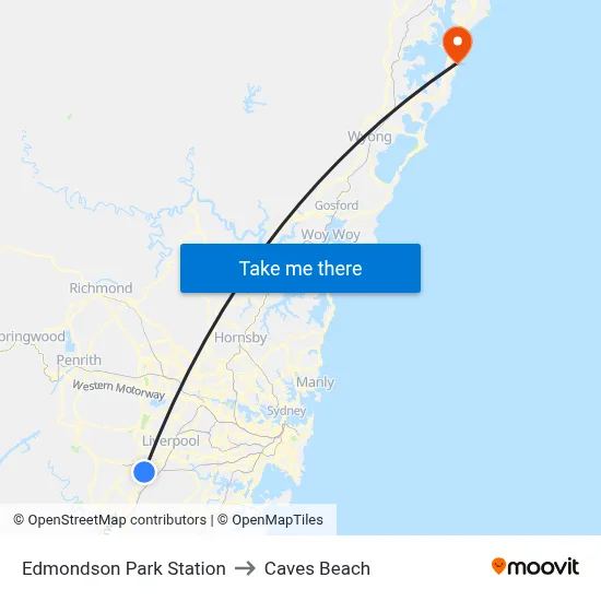 Edmondson Park Station to Caves Beach map