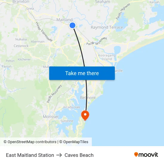 East Maitland Station to Caves Beach map