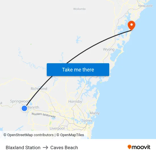 Blaxland Station to Caves Beach map