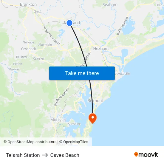 Telarah Station to Caves Beach map