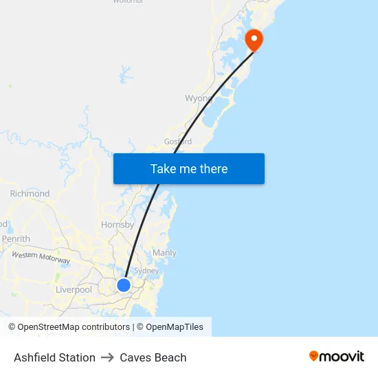 Ashfield Station to Caves Beach map