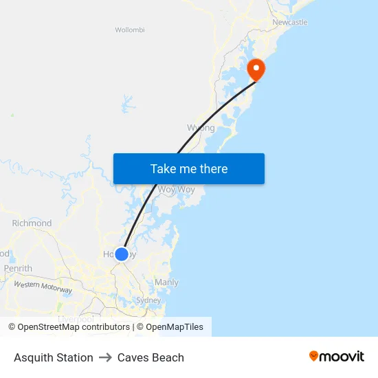 Asquith Station to Caves Beach map