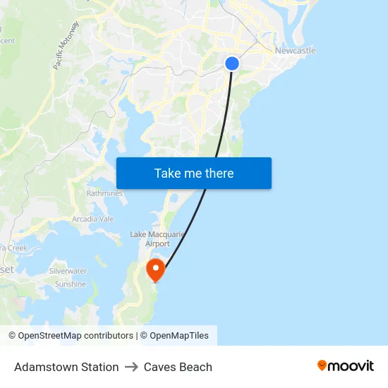 Adamstown Station to Caves Beach map