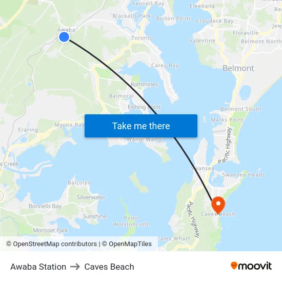 Awaba Station to Caves Beach map