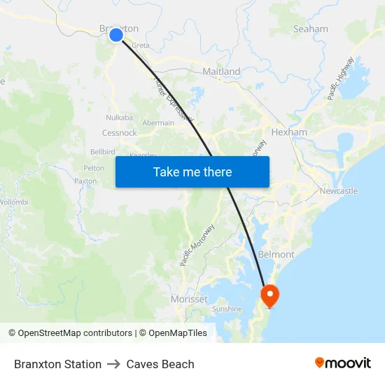 Branxton Station to Caves Beach map