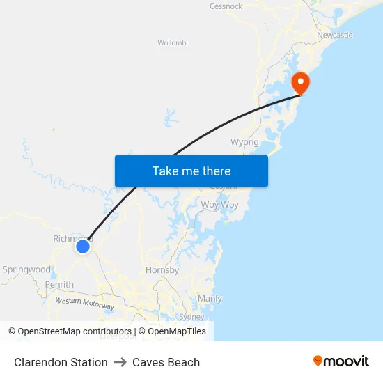 Clarendon Station to Caves Beach map