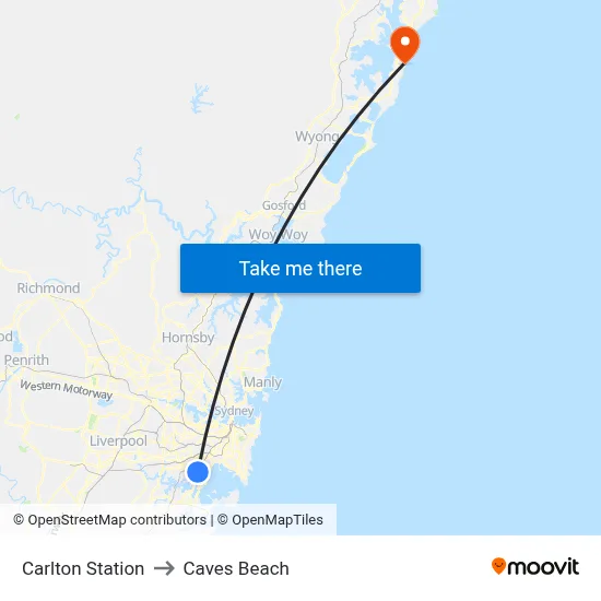 Carlton Station to Caves Beach map