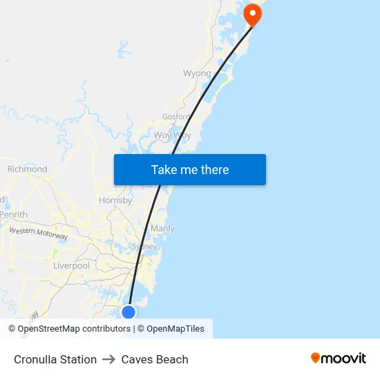 Cronulla Station to Caves Beach map