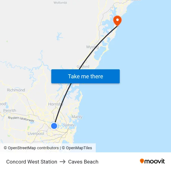 Concord West Station to Caves Beach map