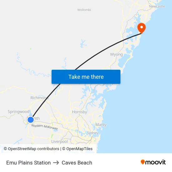 Emu Plains Station to Caves Beach map