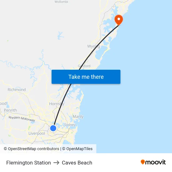 Flemington Station to Caves Beach map