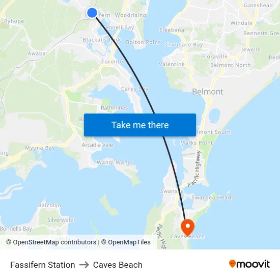 Fassifern Station to Caves Beach map