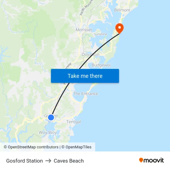 Gosford Station to Caves Beach map