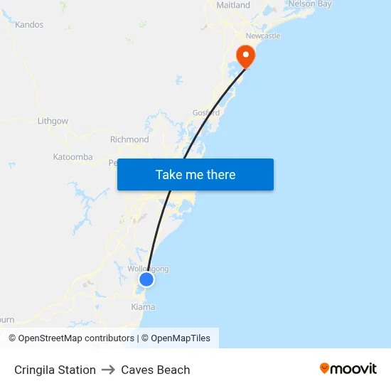 Cringila Station to Caves Beach map