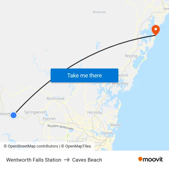 Wentworth Falls Station to Caves Beach map