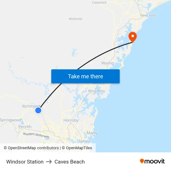 Windsor Station to Caves Beach map