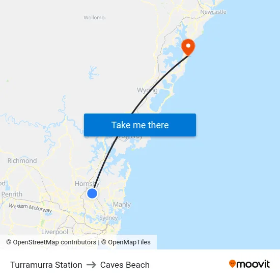 Turramurra Station to Caves Beach map