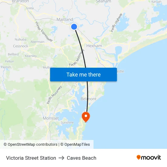 Victoria Street Station to Caves Beach map