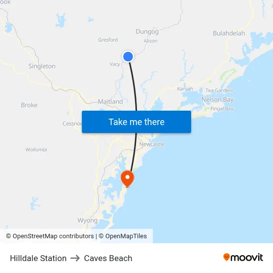 Hilldale Station to Caves Beach map