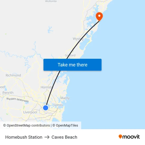 Homebush Station to Caves Beach map