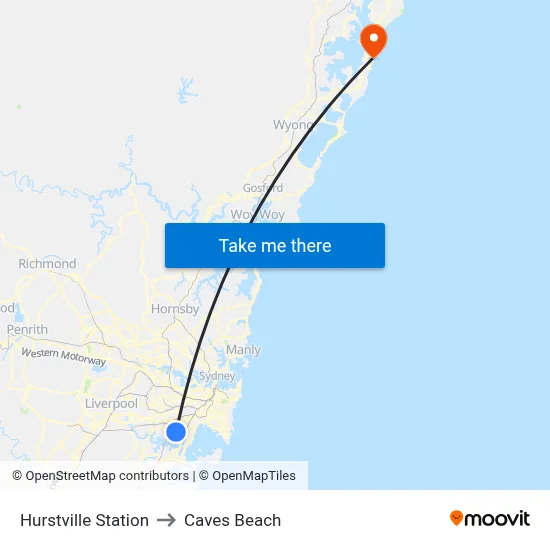 Hurstville Station to Caves Beach map