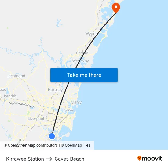 Kirrawee Station to Caves Beach map