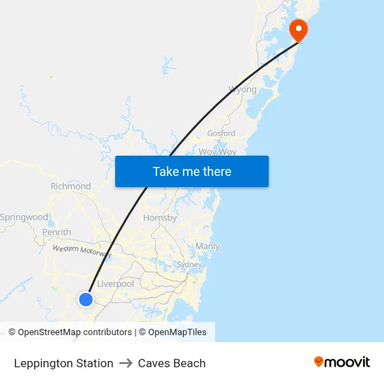 Leppington Station to Caves Beach map