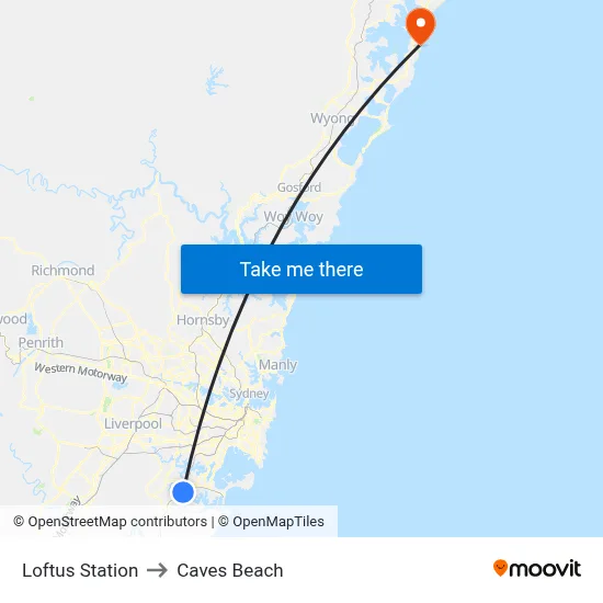 Loftus Station to Caves Beach map