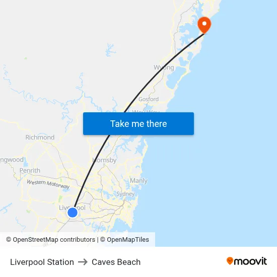Liverpool Station to Caves Beach map