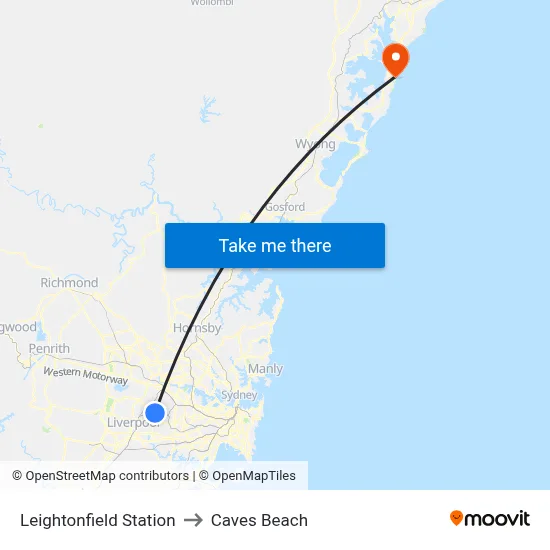 Leightonfield Station to Caves Beach map