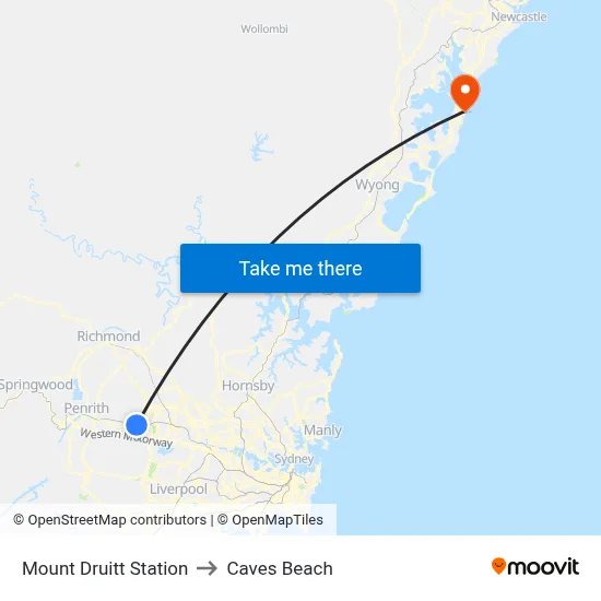 Mount Druitt Station to Caves Beach map