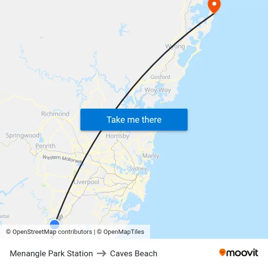 Menangle Park Station to Caves Beach map