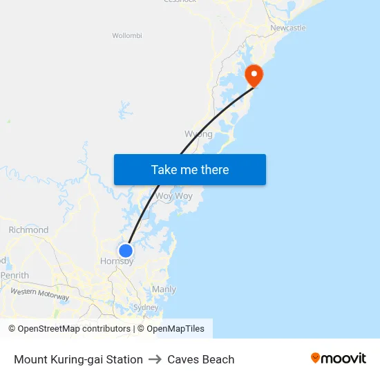 Mount Kuring-gai Station to Caves Beach map