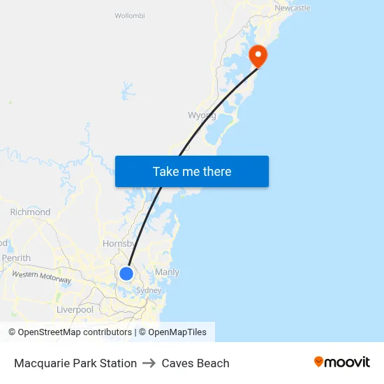 Macquarie Park Station to Caves Beach map