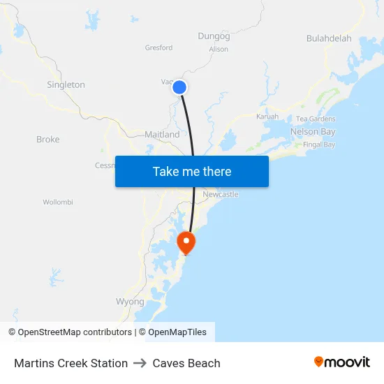Martins Creek Station to Caves Beach map