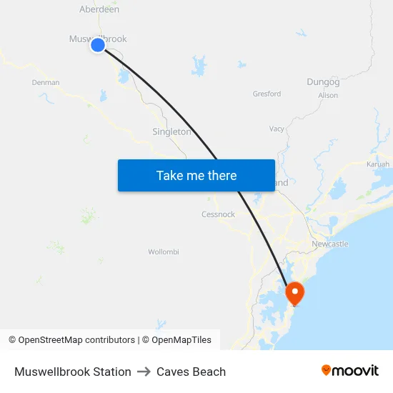 Muswellbrook Station to Caves Beach map