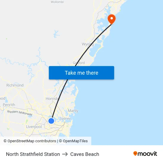 North Strathfield Station to Caves Beach map