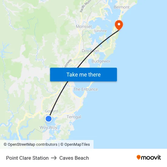 Point Clare Station to Caves Beach map