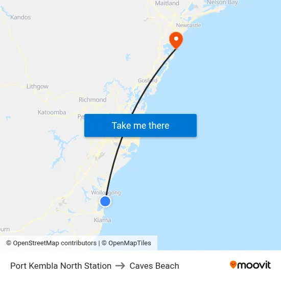 Port Kembla North Station to Caves Beach map