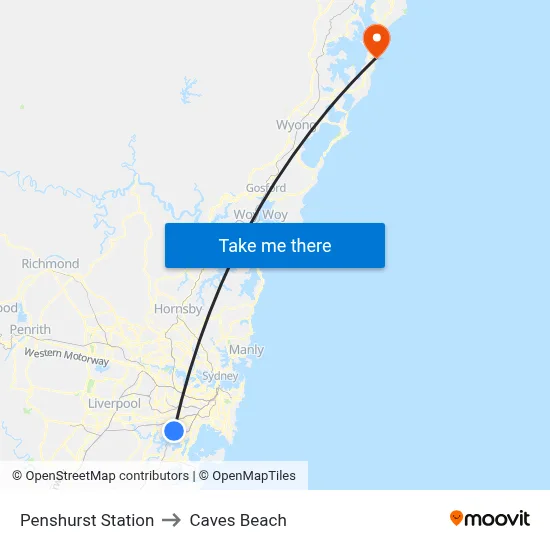 Penshurst Station to Caves Beach map