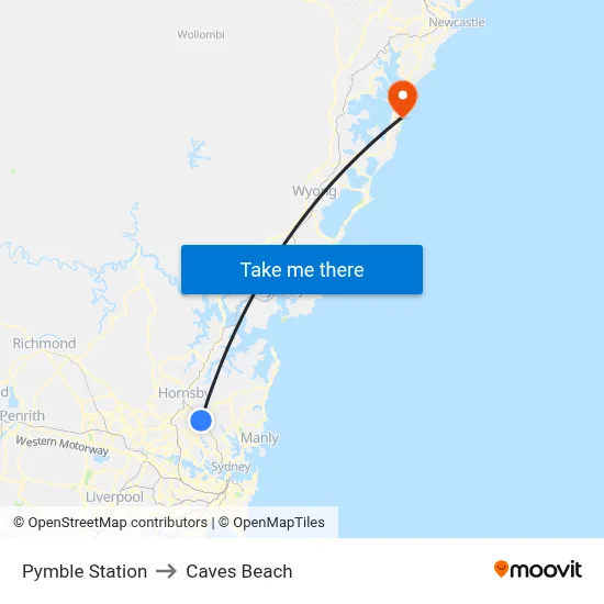 Pymble Station to Caves Beach map