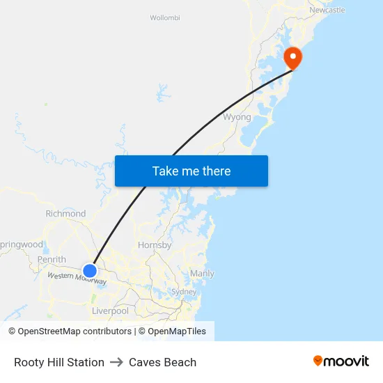 Rooty Hill Station to Caves Beach map