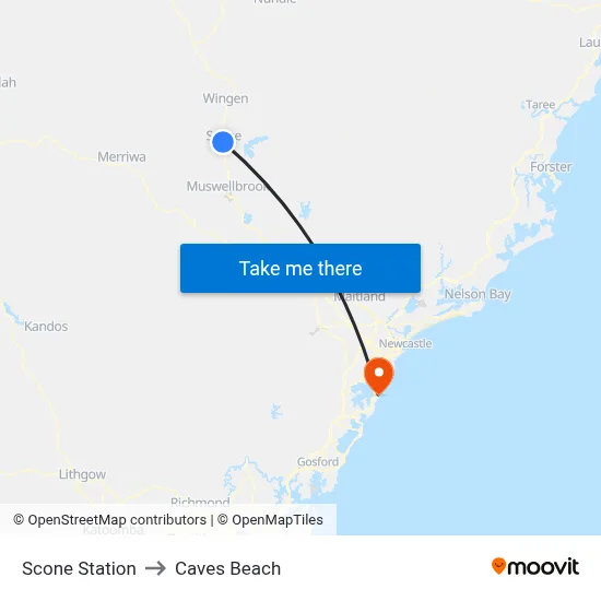 Scone Station to Caves Beach map