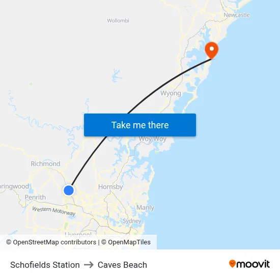 Schofields Station to Caves Beach map