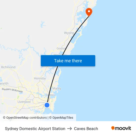 Sydney Domestic Airport Station to Caves Beach map