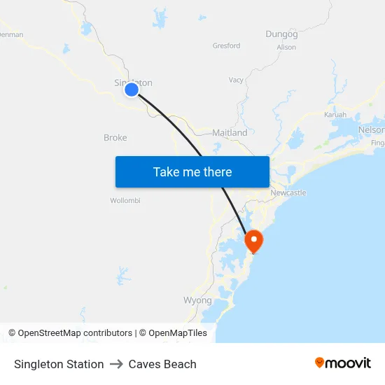 Singleton Station to Caves Beach map