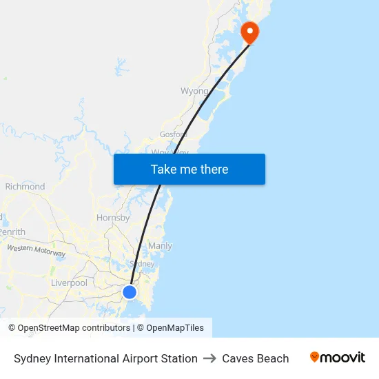 Sydney International Airport Station to Caves Beach map