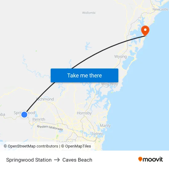 Springwood Station to Caves Beach map