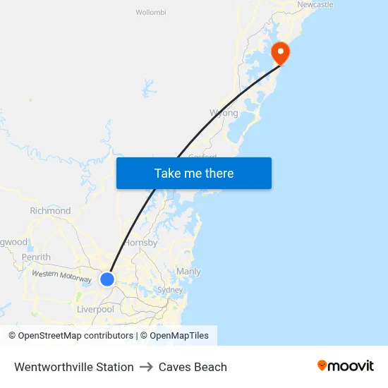 Wentworthville Station to Caves Beach map